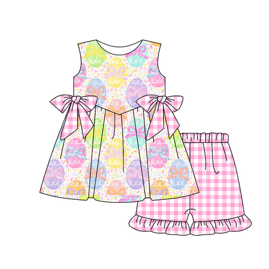 MOQ 5 PCS Preorder GSSO3084 Easter Colored Eggs Bows Pink Plaid Bows Sleeveless Ruffle Shorts Girls Sets 202512