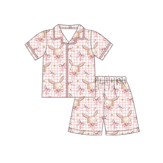 MOQ 5 PCS Preorder GSSO3090 Easter Bunny Bows Pink Plaid Buttons Polo Short Sleeve Shorts Girls Pajama Set 202512