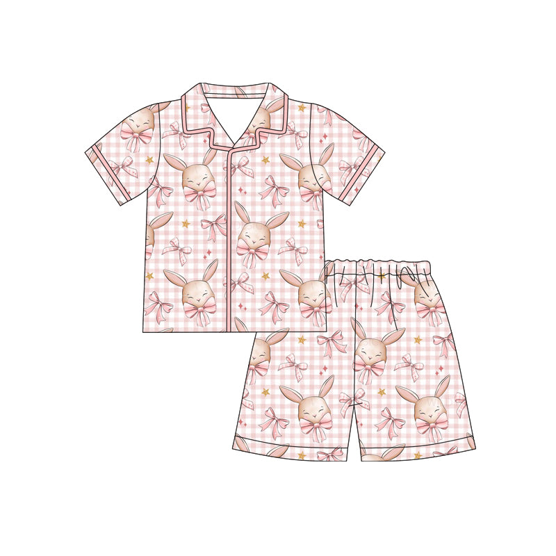 MOQ 5 PCS Preorder GSSO3090 Easter Bunny Bows Pink Plaid Buttons Polo Short Sleeve Shorts Girls Pajama Set 202512
