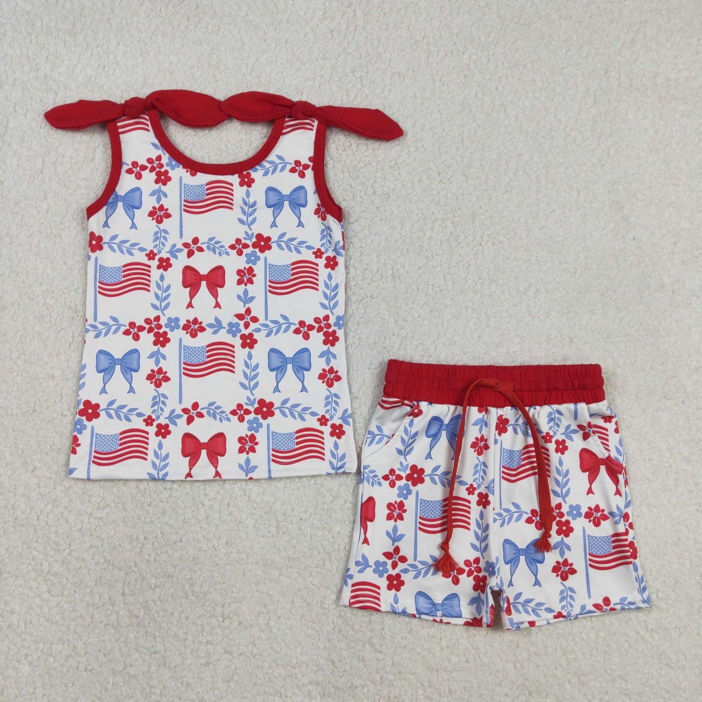 GSSO3094 4th of July Flower Bows Flag Sleeveless Shorts Girls Sets 202603 RTS