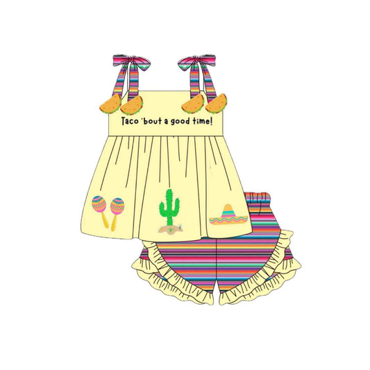 MOQ 5 PCS Preorder GSSO3098 Taco Cactus Hat Yellow Halter Colored Stripe Shorts Girls Sets 202512