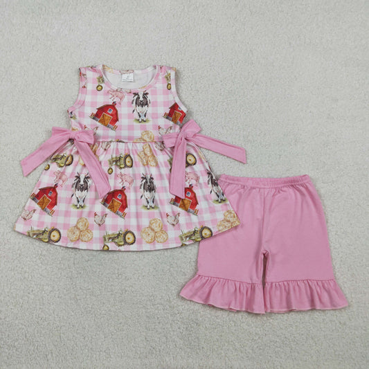 GSSO3100 Farm Animals Pink Plaid Bows Sleeveless Shorts Girls Sets 202602 RTS