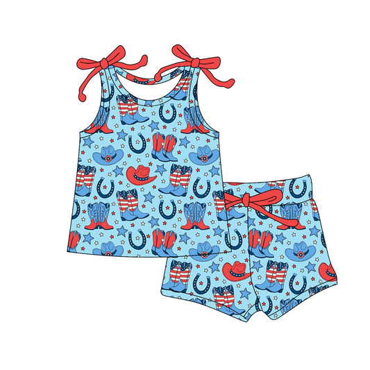 MOQ 5 PCS Preorder GSSO3103 4th of July Cowgirl Boots Star Blue Sleeveless Shorts Girls Sets 202512