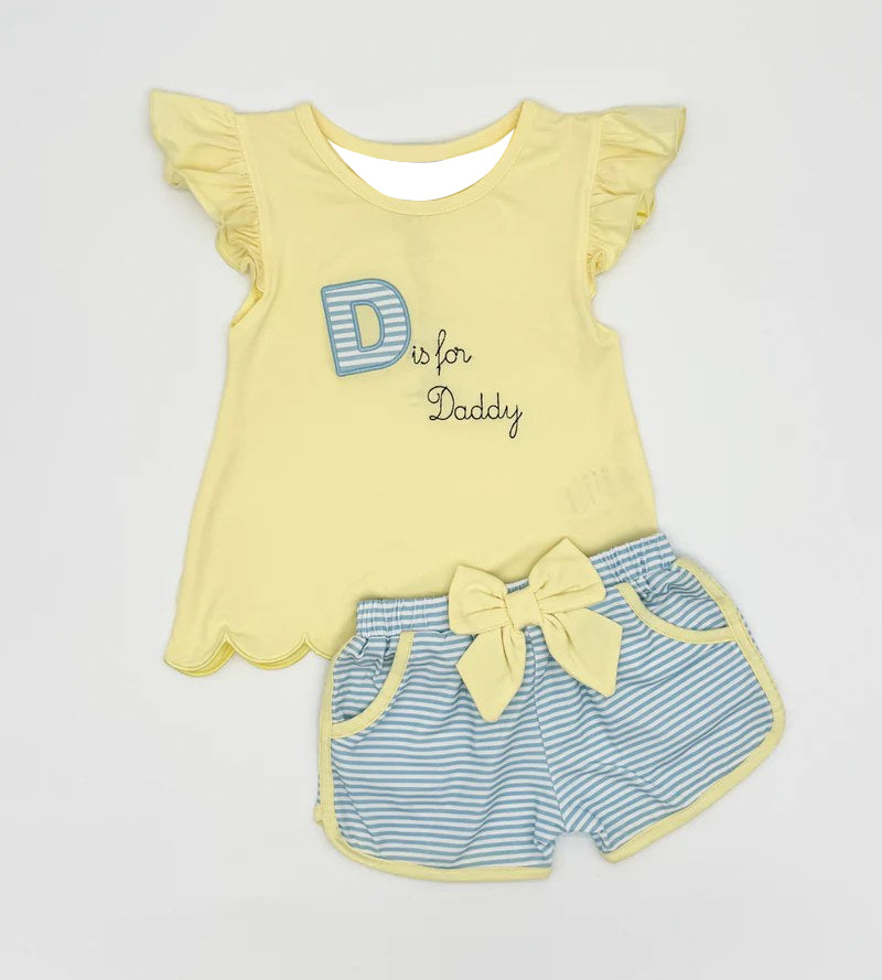 MOQ 5 PCS Preorder GSSO3106 D is for Daddy Letter Yellow Flying Sleeve Blue Shorts Girls Sets 202512