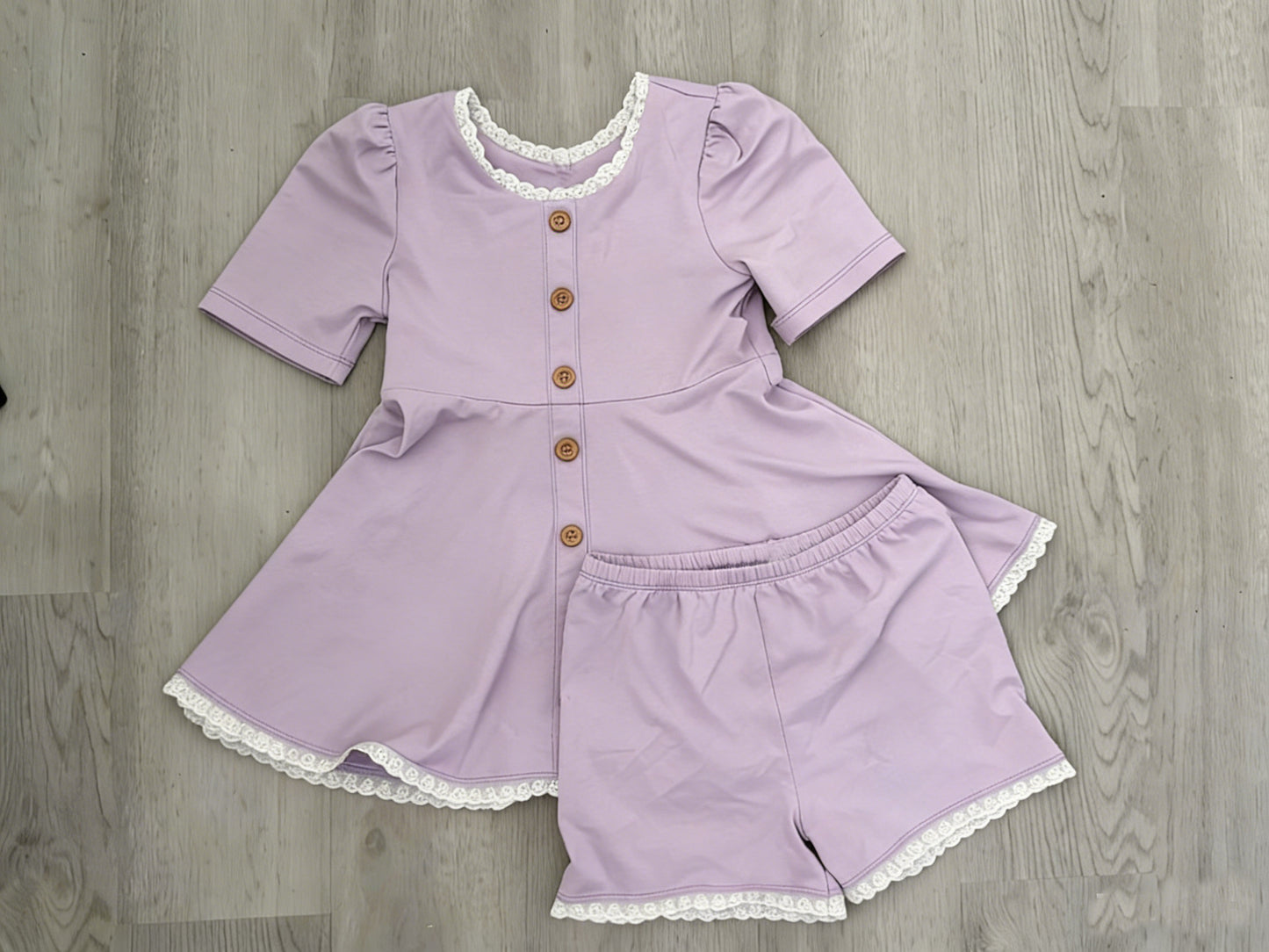 MOQ 5 PCS Preorder GSSO3107 Lace Ruffle Solid Purple Short Sleeve Shorts Girls Sets 202512