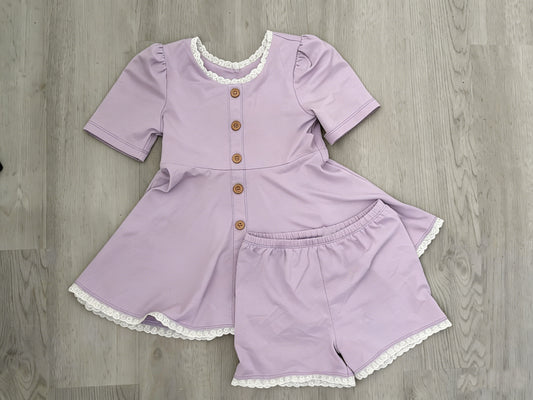 MOQ 5 PCS Preorder GSSO3107 Lace Ruffle Solid Purple Short Sleeve Shorts Girls Sets 202512