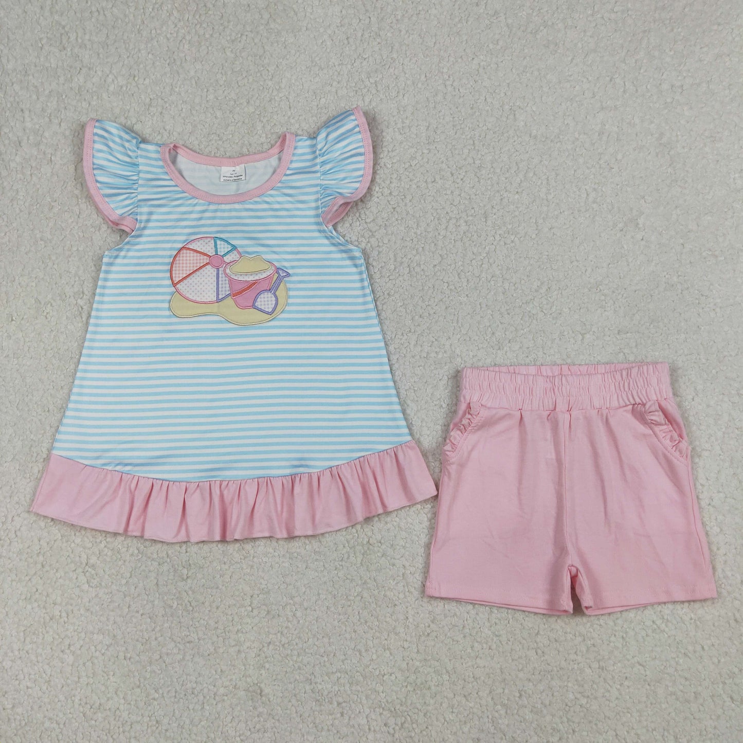 GSSO3109 Embroidered Beach Ball Stripe Pink Ruffle Blue Flying Sleeve Shorts Girls Sets 202604 RTS