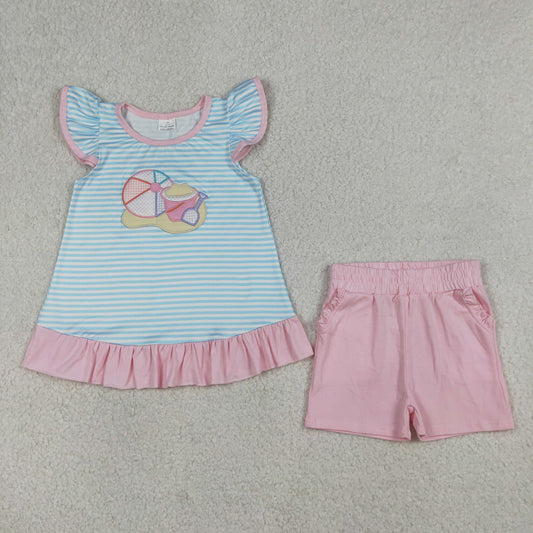 GSSO3109 Embroidered Beach Ball Stripe Pink Ruffle Blue Flying Sleeve Shorts Girls Sets 202604 RTS