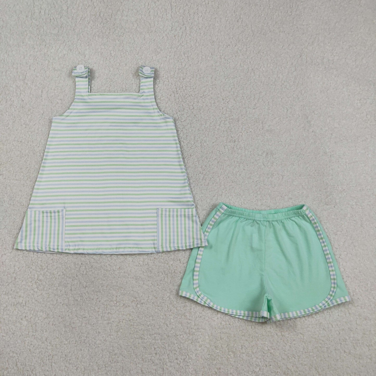 GSSO3110 Blue Green Stripe Sleeveless Shorts Girls Sets 202603 RTS