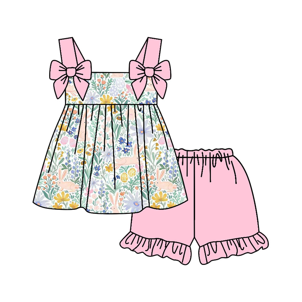MOQ 5 PCS Preorder GSSO3112 Easter Bunny Flower Leaf Pink Bows Sleeveless Ruffle Shorts Girls Sets 202601
