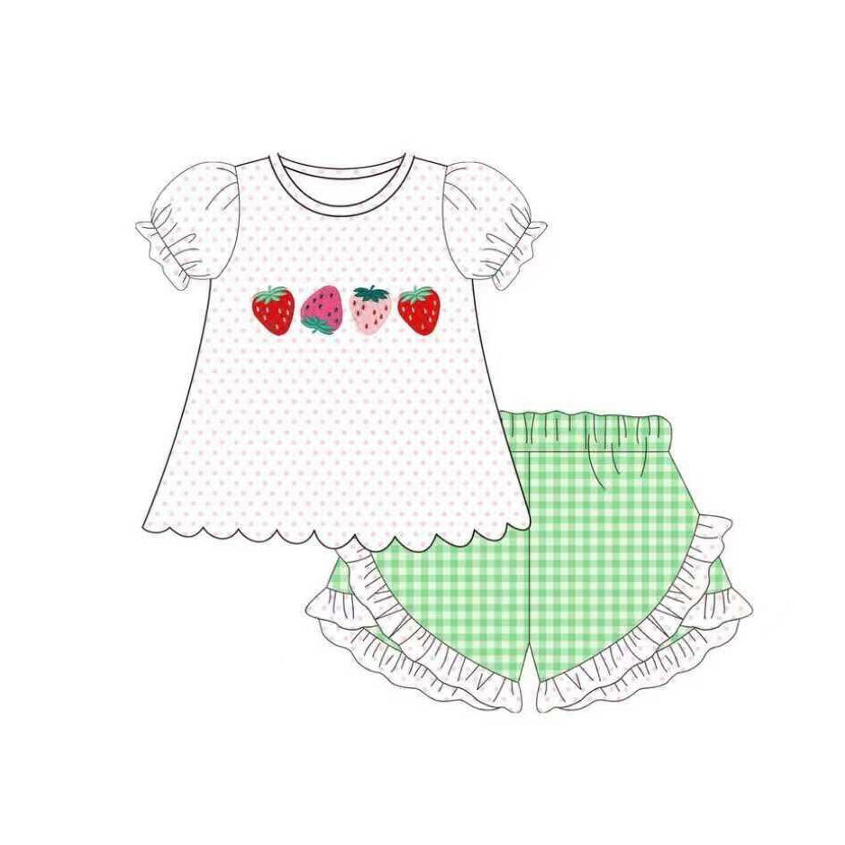 MOQ 5 PCS Preorder GSSO3113 Strawberry Dots White Short Sleeve Ruffle Green Plaid Shorts Girls Sets 202601