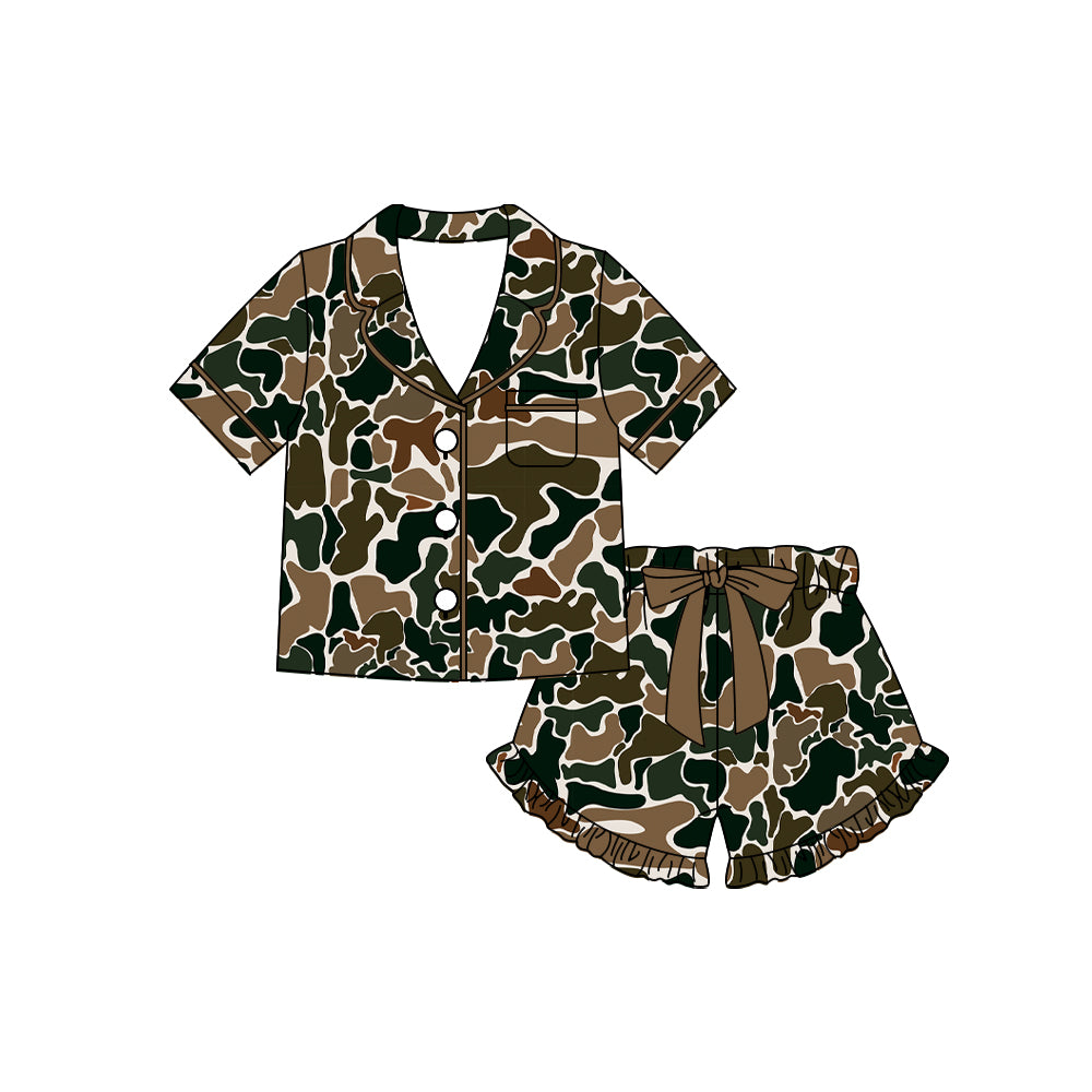 MOQ 5 PCS Preorder GSSO3123 Brown Green Camouflage Ruffle Polo Short Sleeve Shorts Girls Pajama Set 202601