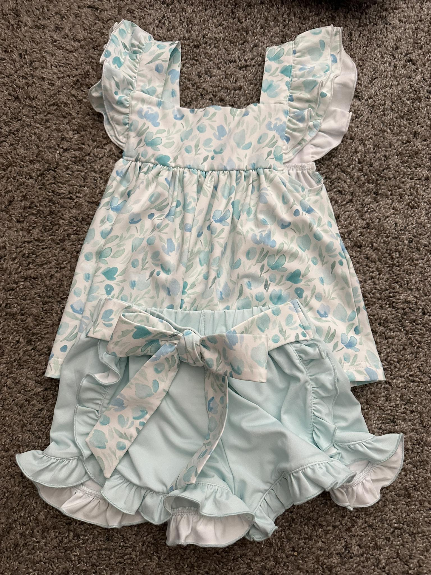 MOQ 5 PCS Preorder GSSO3128 Blue Green Flower Leaf Ruffle Flying Sleeve Shorts Girls Sets 202601