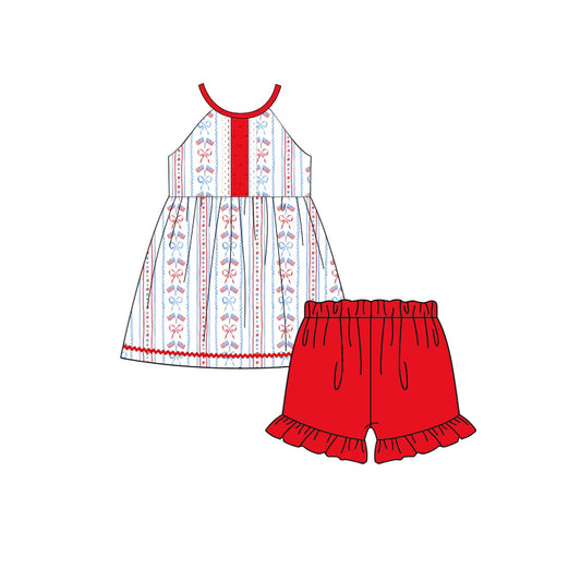MOQ 5 PCS Preorder GSSO3130 4th of July Flag Bows Halter Red Ruffle Shorts Girls Sets 202601