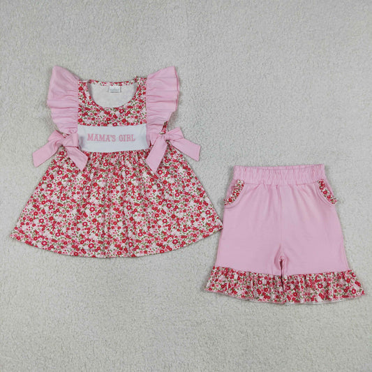 GSSO3131 Embroidered MAMA'S GIRL Flower Pink Ruffle Sleeveless Shorts Girls Sets 202604 RTS