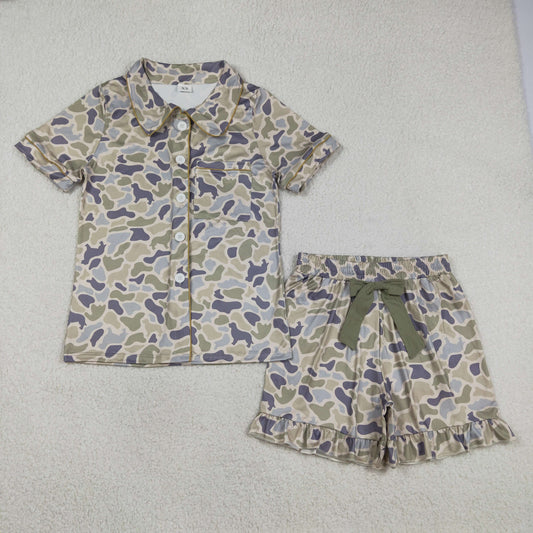 GSSO3135 Adult Female Gray Green Blue Camouflage Polo Button Short Sleeve Ruffle Shorts Pajama Set 202603 RTS