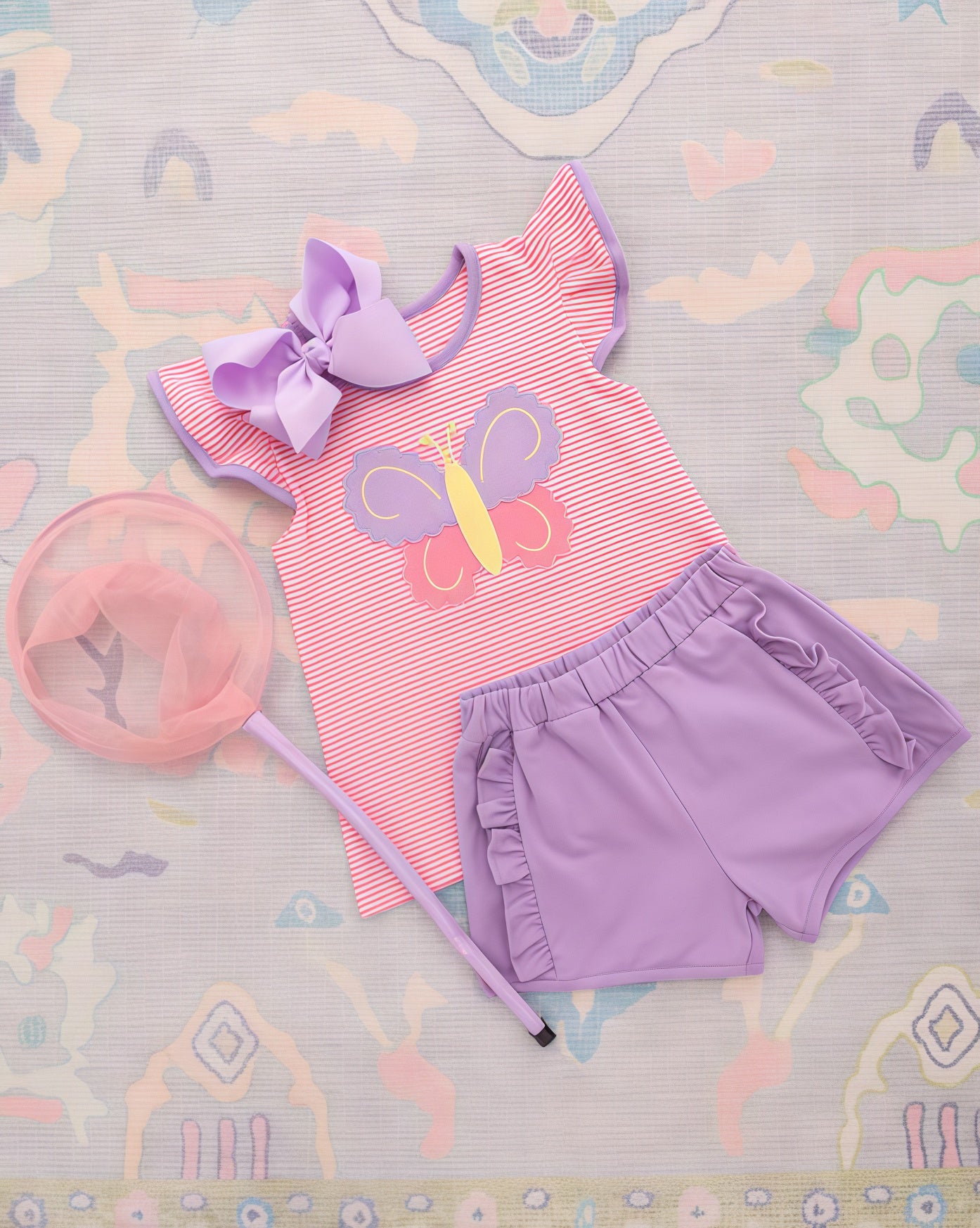 MOQ 5 PCS Preorder GSSO3139 Butterfly Pattern Purple Ruffle Pink Stripe Flying Sleeve Shorts Girls Sets 202601