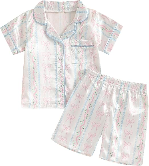 MOQ 5 PCS Preorder GSSO3142 Blue Pink Bows Flower Leaf Pocket Buttons White Polo Short Sleeve Shorts Girls Pajama Set 202601