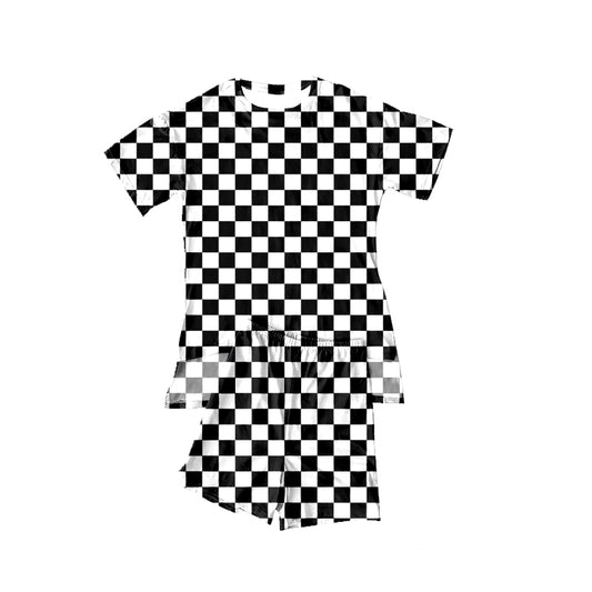 MOQ 5 PCS Preorder GSSO3146 Black White Plaid Short Sleeve Shorts Girls Sets 202601