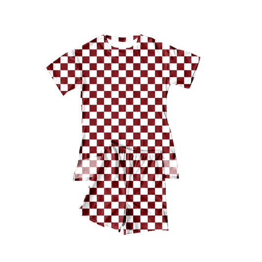 MOQ 5 PCS Preorder GSSO3147 Dark Red White Plaid Short Sleeve Shorts Girls Sets 202601