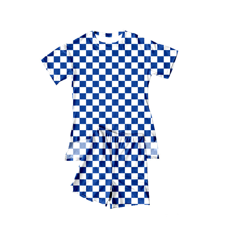 MOQ 5 PCS Preorder GSSO3152 Blue White Plaid Short Sleeve Shorts Girls Sets 202601