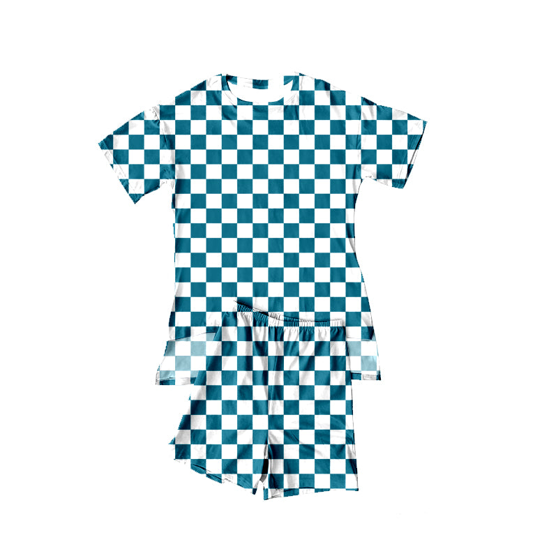 MOQ 5 PCS Preorder GSSO3153 Green White Plaid Short Sleeve Shorts Girls Sets 202601