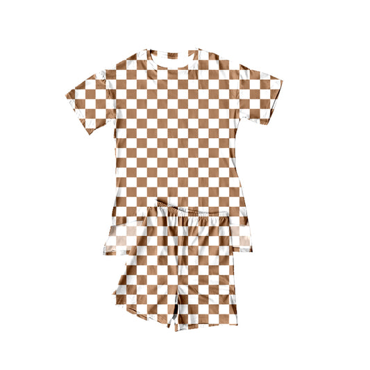 MOQ 5 PCS Preorder GSSO3154 Brown White Plaid Short Sleeve Shorts Girls Sets 202601