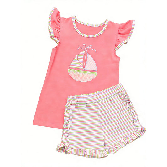 MOQ 5 PCS Preorder GSSO3155 Sailboat Stripe Pink Flying Sleeve Shorts Girls Sets 202601