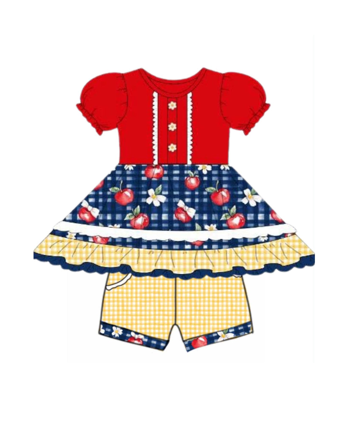 MOQ 5 PCS Preorder GSSO3156 Apple Flower Plaid Patchwork Short Sleeve Shorts Girls Sets 202601