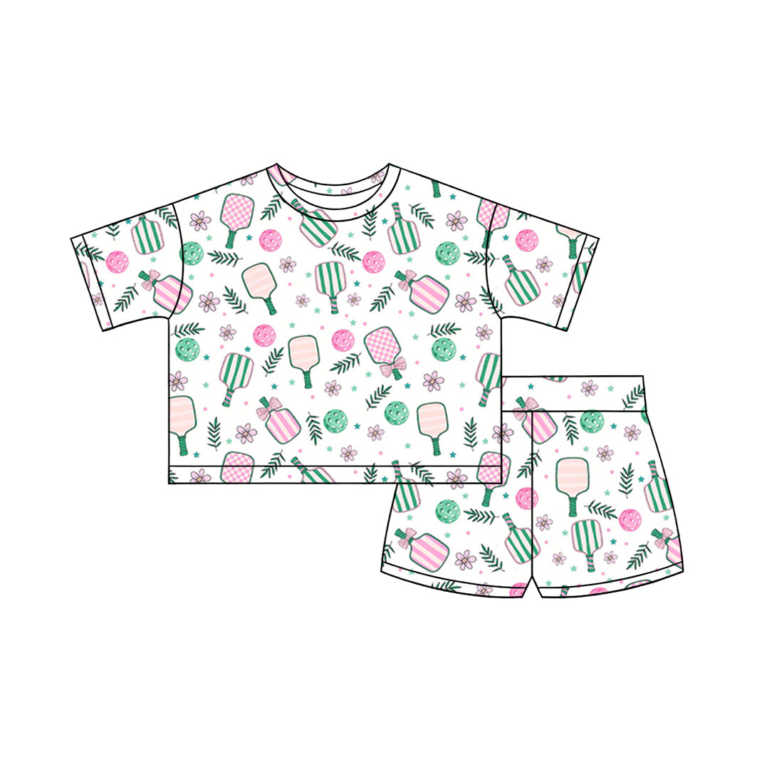 MOQ 5 PCS Preorder GSSO3160 Racket Flowers Leaves White Short Sleeve Shorts Girls Sets 202601