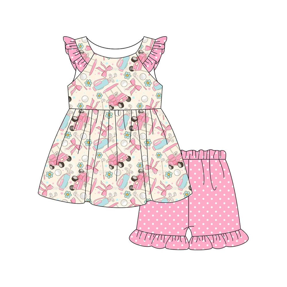 MOQ 5 PCS Preorder GSSO3162 Golf Print Flower Dots Pink Ruffle Flying Sleeve Shorts Girls Sets 202601