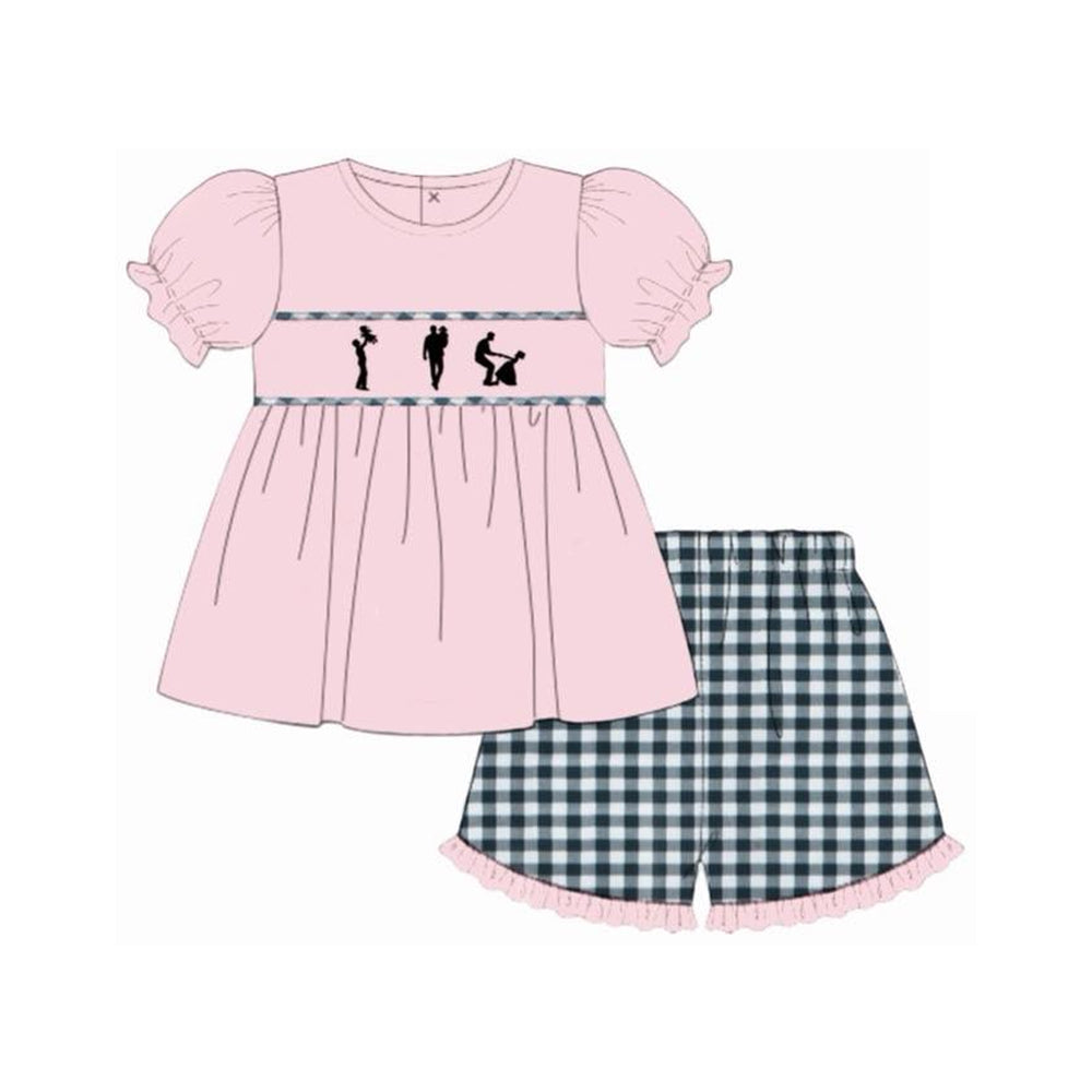 MOQ 5 PCS Preorder GSSO3165 Father's Day Pink Plaid Short Sleeve Black Plaid Shorts Girls Sets 202601