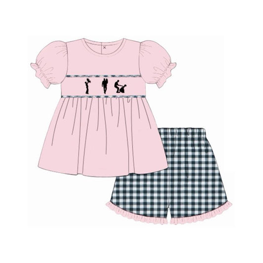 MOQ 5 PCS Preorder GSSO3165 Father's Day Pink Plaid Short Sleeve Black Plaid Shorts Girls Sets 202601