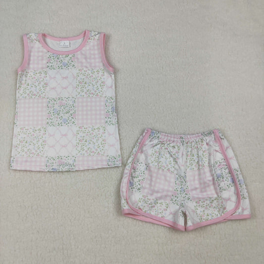 GSSO3168 Floral Bows Plaid Sleeveless Shorts Girls Sets 202604 RTS
