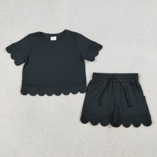 GSSO3172 Solid Cotton Black Ruffle Short Sleeve Shorts Girls Sets 202603 RTS