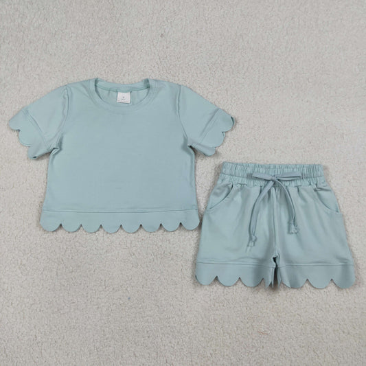 GSSO3174 Solid Cotton Pea Green Ruffle Short Sleeve Shorts Girls Sets 202603 RTS