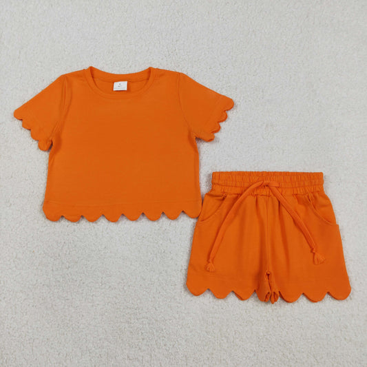 GSSO3178 Solid Cotton Orange Ruffle Short Sleeve Shorts Girls Sets 202603 RTS
