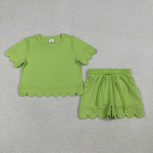 GSSO3179 Solid Cotton Green Ruffle Short Sleeve Shorts Girls Sets 202603 RTS