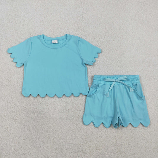 GSSO3180 Solid Cotton Peacock Blue Ruffle Short Sleeve Shorts Girls Sets 202602 RTS