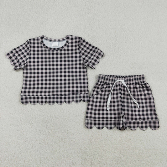 GSSO3182 Gray Black Plaid Ruffle Short Sleeve Shorts Girls Sets 202603 RTS