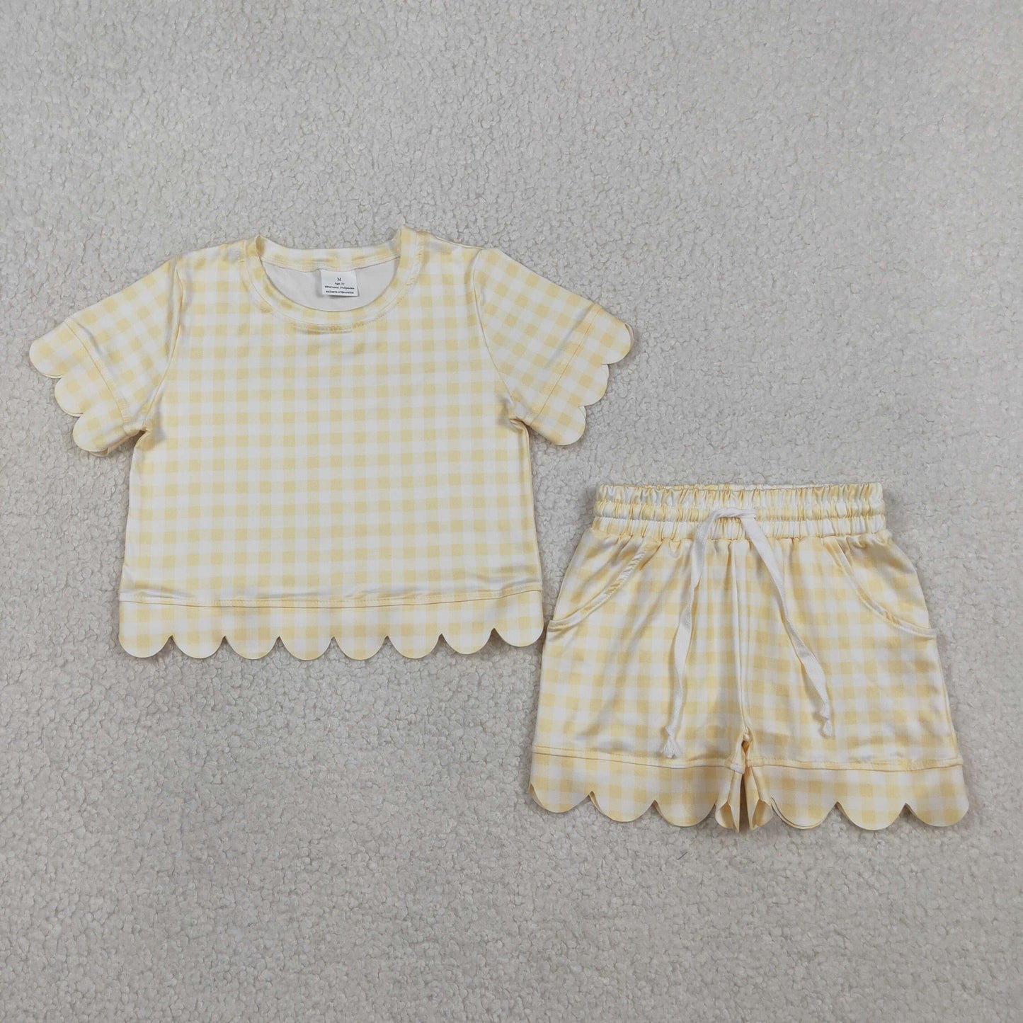 GSSO3185 Solid Cotton Light Yellow Plaid Ruffle Short Sleeve Shorts Girls Sets 202603 RTS