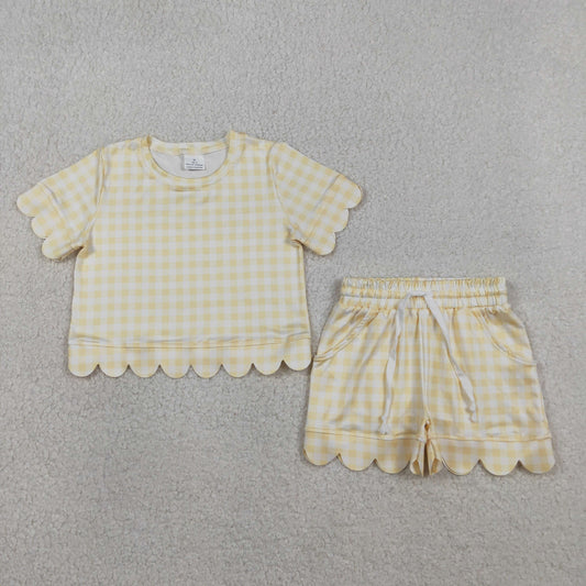 GSSO3185 Solid Cotton Light Yellow Plaid Ruffle Short Sleeve Shorts Girls Sets 202603 RTS