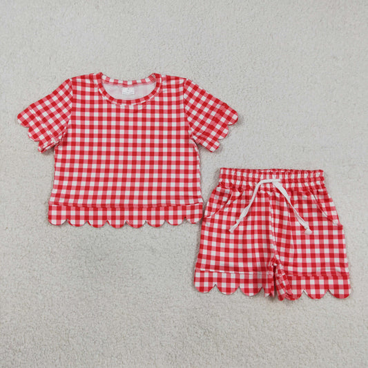 GSSO3187 Solid Cotton Red Plaid Ruffle Short Sleeve Shorts Girls Sets 202603 RTS