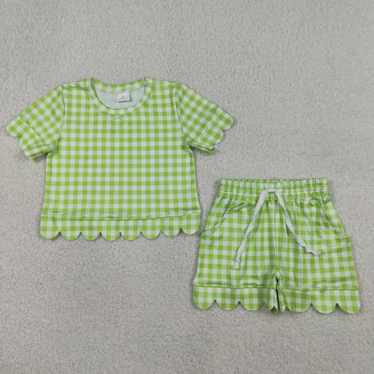 GSSO3189 Solid Cotton Green Plaid Ruffle Short Sleeve Shorts Girls Sets 202603 RTS