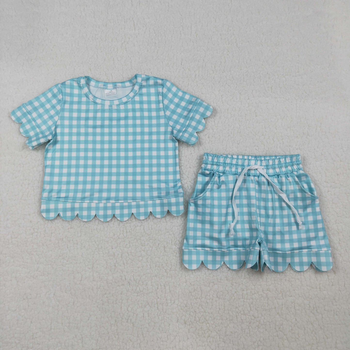 GSSO3190 Solid Cotton Pea Green Plaid Ruffle Short Sleeve Shorts Girls Sets 202603 RTS
