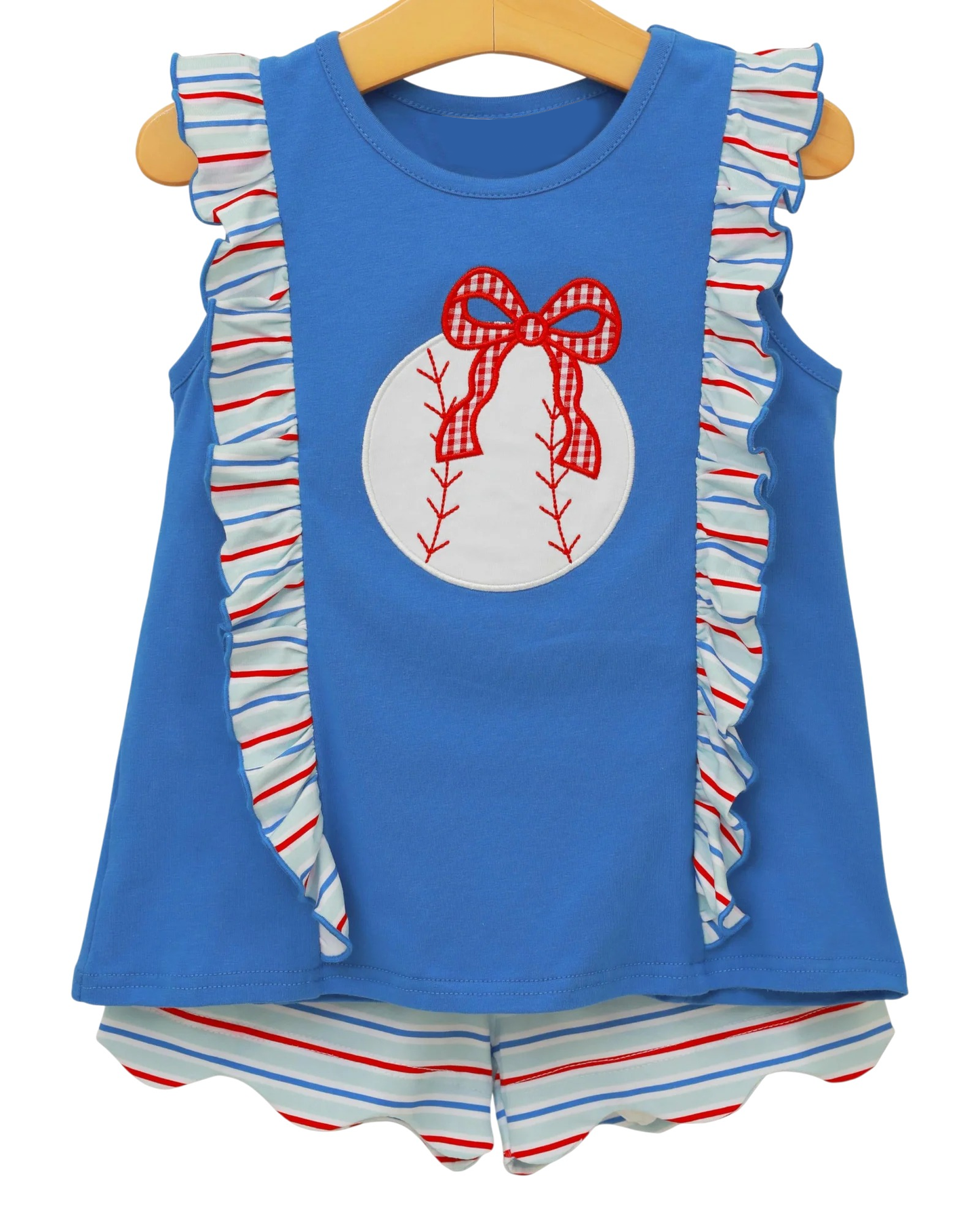 MOQ 5 PCS Preorder GSSO3191 Baseball Stripe Ruffle Sleeveless Shorts Girls Sets 202601