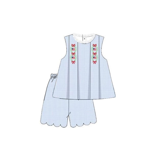 MOQ 5 PCS Preorder GSSO3195 4th of July Flag Bows Blue Plaid Sleeveless Shorts Girls Sets 202601