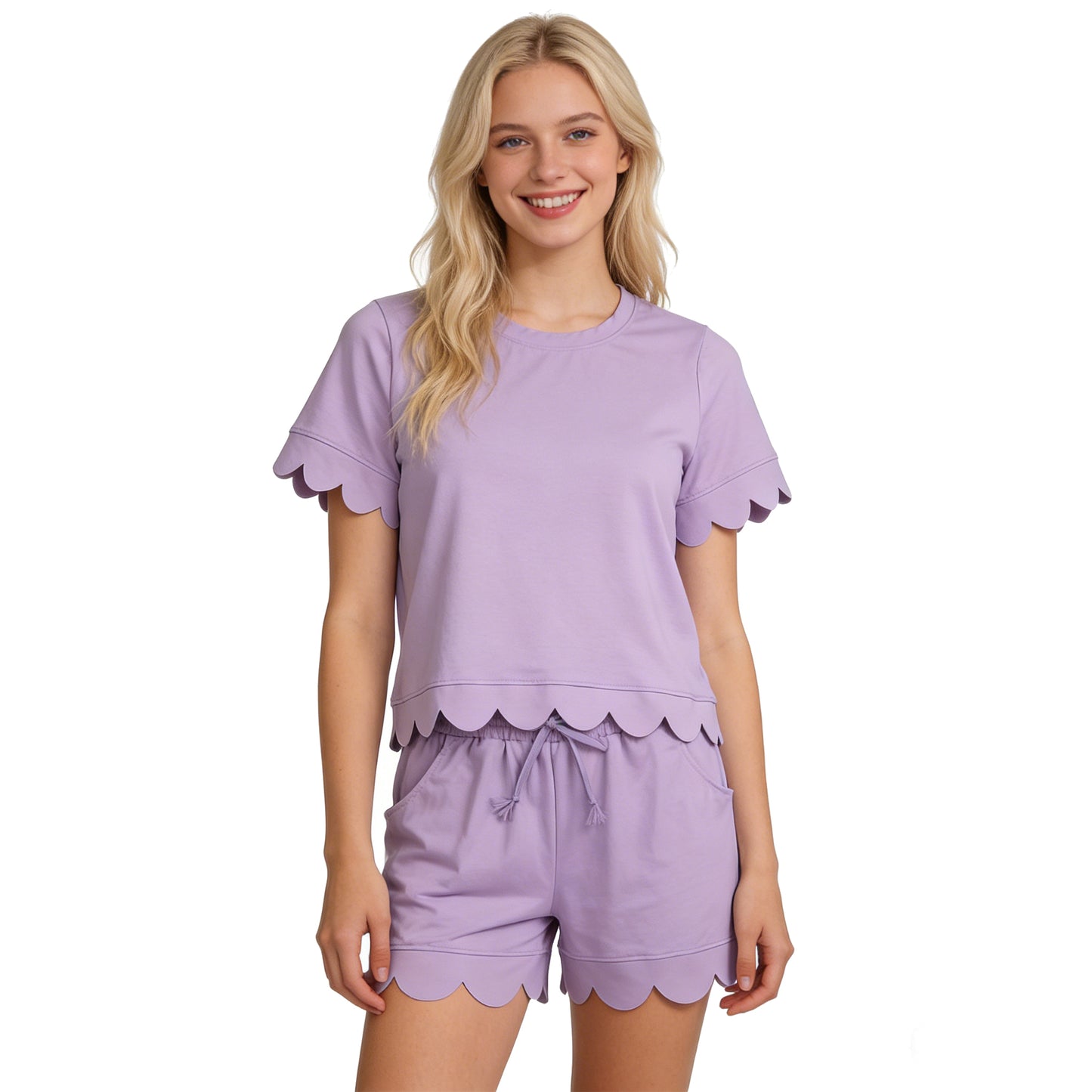 GSSO3199 Adult Female Solid Cotton Purple Ruffle Short Sleeve Shorts Sets 202603 RTS