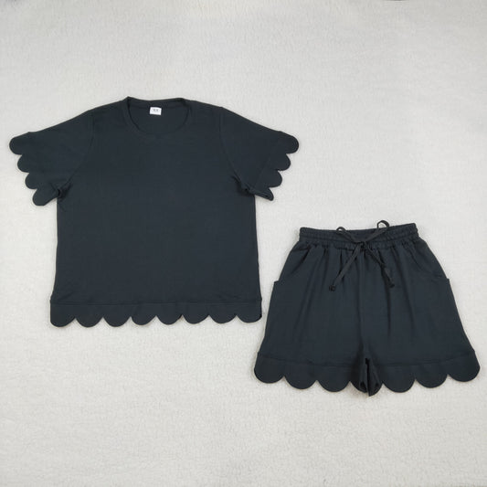 GSSO3200 Adult Female Solid Cotton Black Ruffle Short Sleeve Shorts Sets 202603 RTS