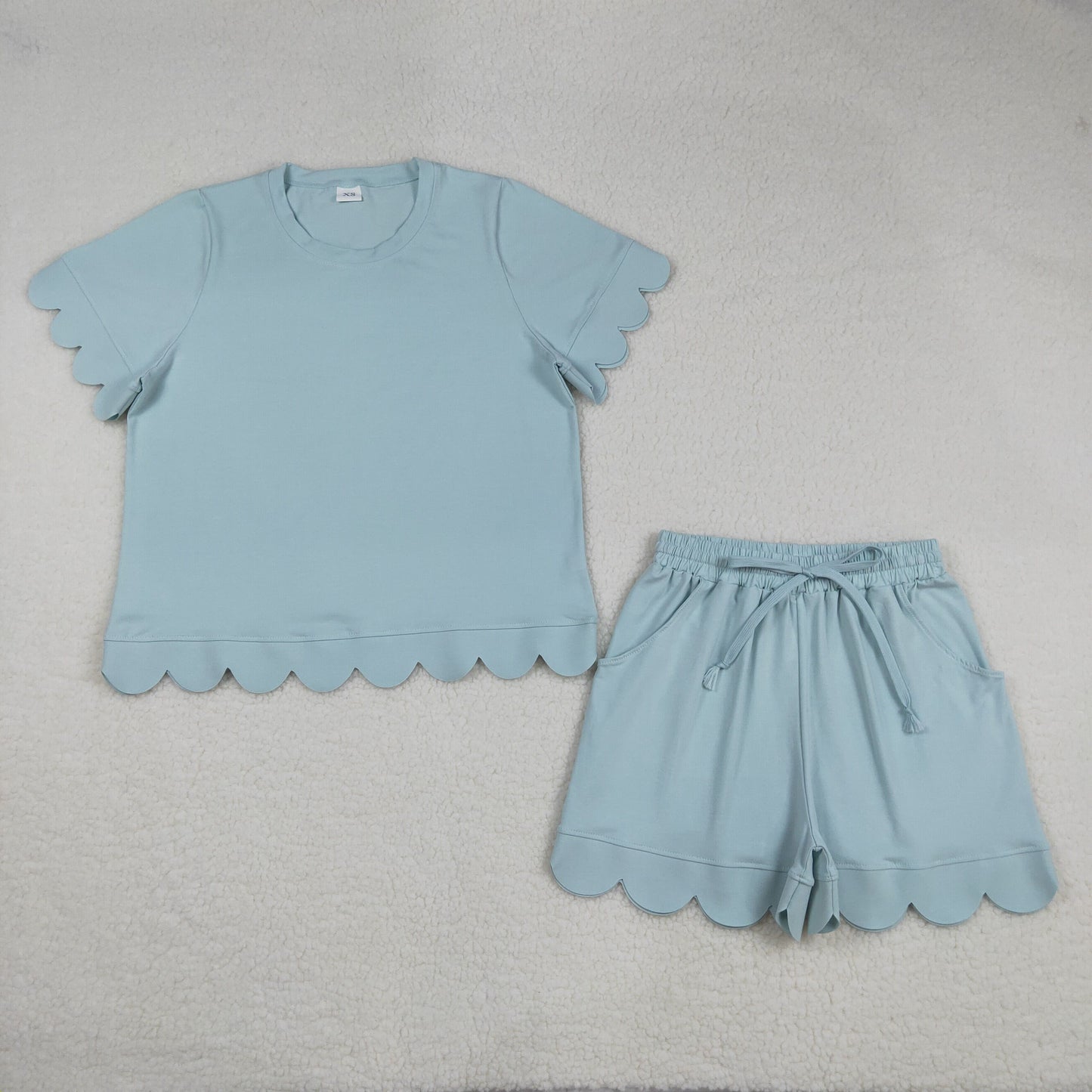 GSSO3202 Adult Female Solid Cotton Pea Green Ruffle Short Sleeve Shorts Sets 202603 RTS